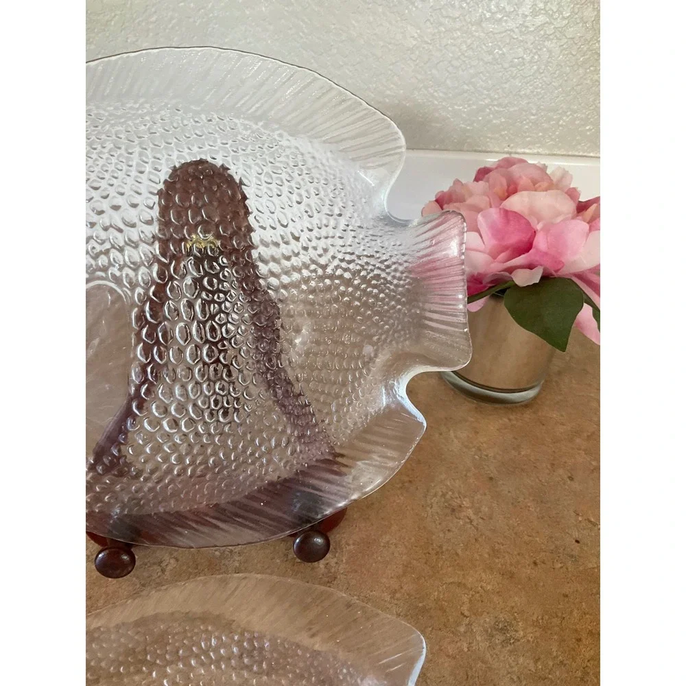Vintage Clear Textured Glass Fish Shaped Serving Plates Set of 2 Coastal Decor